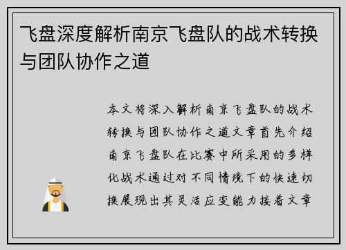 飞盘深度解析南京飞盘队的战术转换与团队协作之道