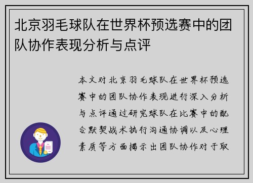 北京羽毛球队在世界杯预选赛中的团队协作表现分析与点评